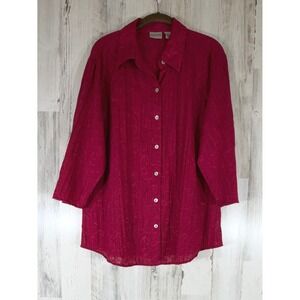 Chicos Button Up Blouse Top Size 3 or XL Fuchsia Red Textured Embroidered Sheer